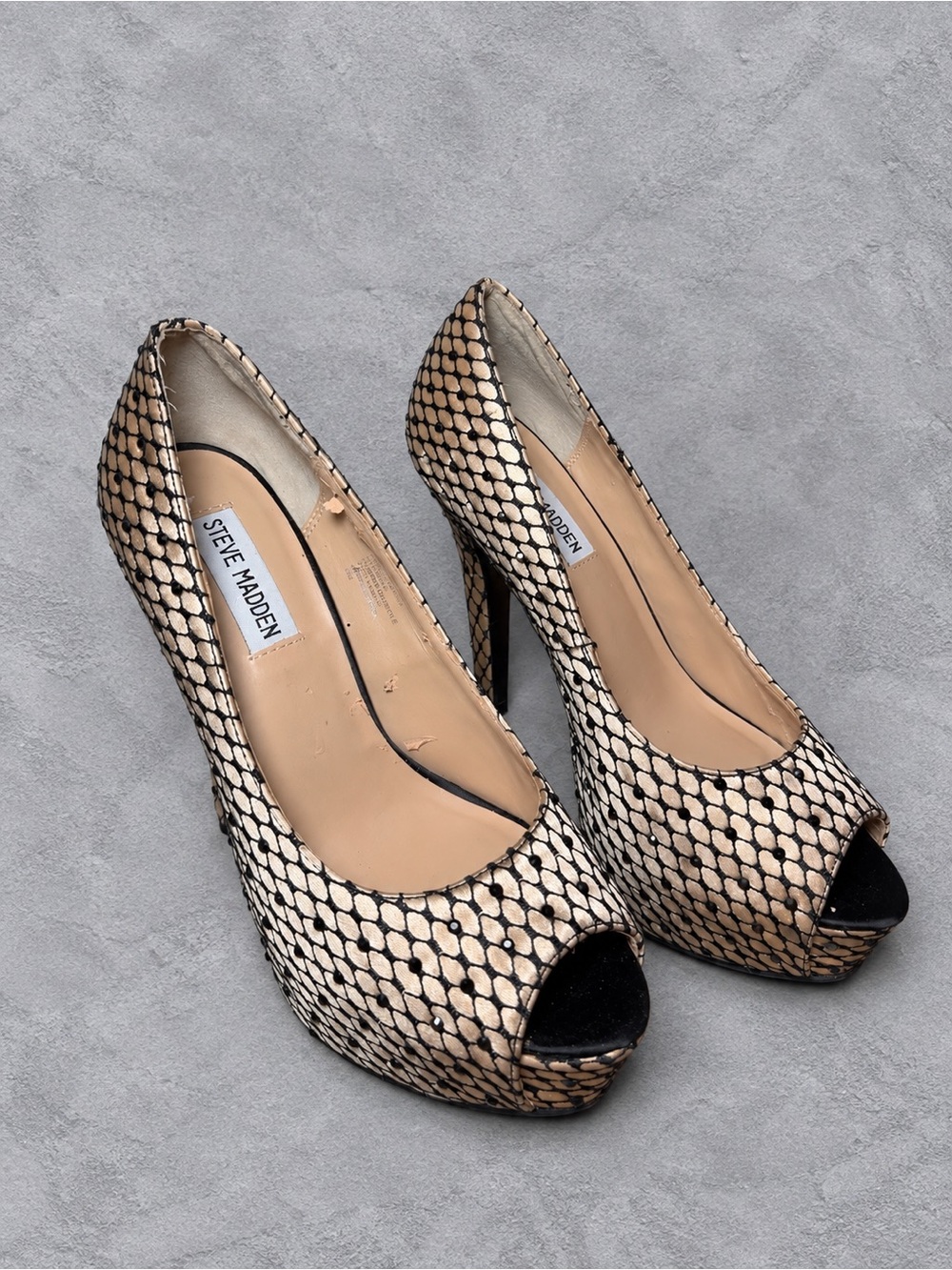 Steve Madden Beige and Black Snake-Print Peep Toe Heels